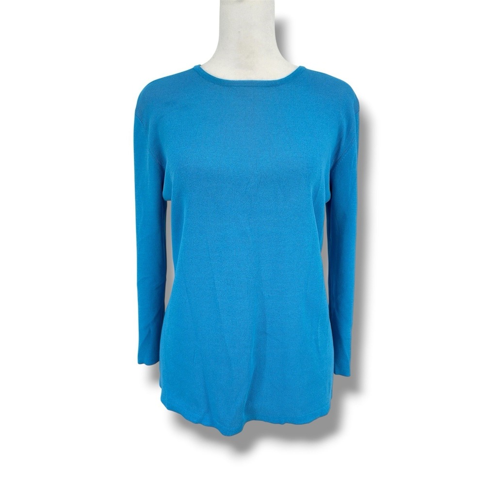 Vtg Y2K Aqua Blue Lightweight Knit Sweater Top M Minimalist Casual Work Stretch